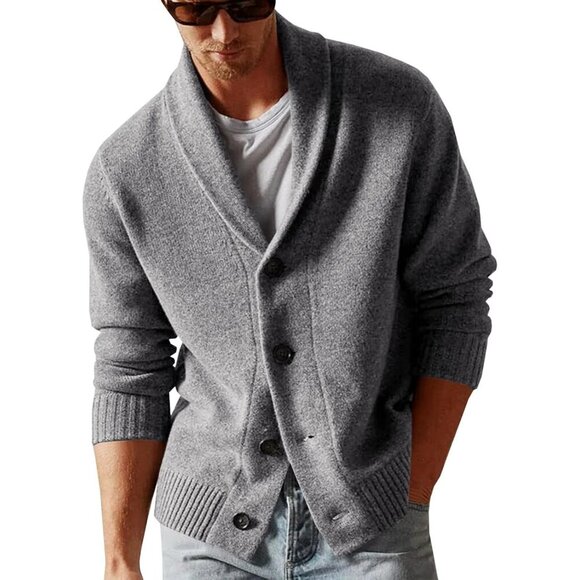 Men's Shawl Collar Chunky Knit Cardigan - Cozy Winter Sweater in Gray Size L
